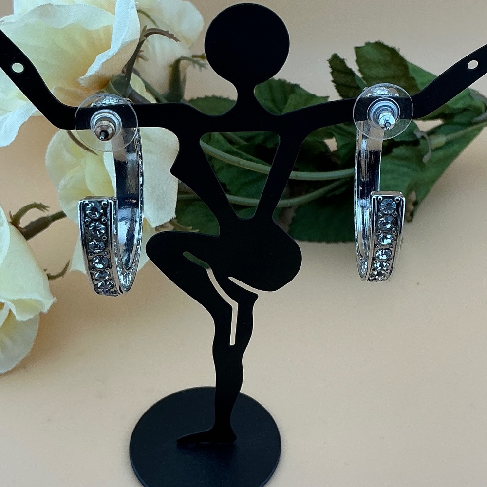 Hoop Earrings Post Silver Rhinestone - Picture 3 of 6
